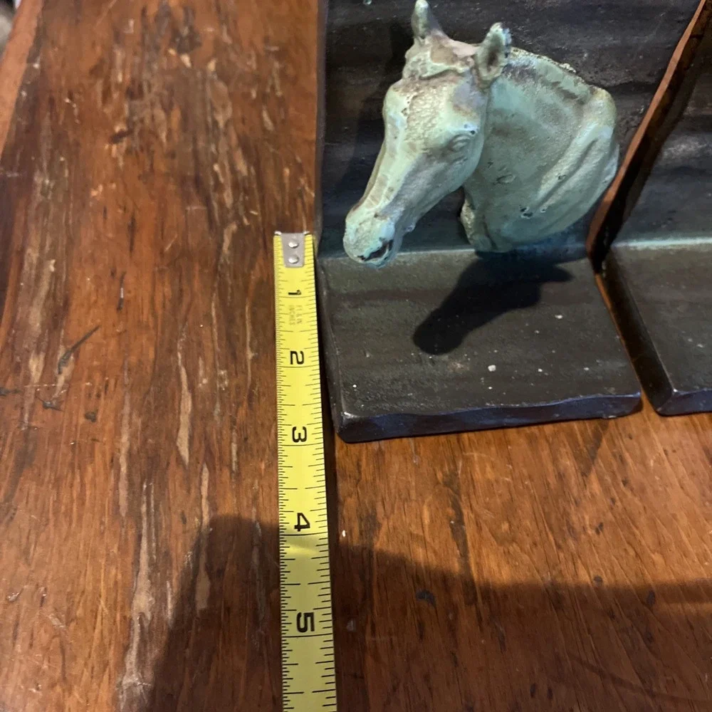 Antique Vtg Rare Horse Head Bookends, Heavy Metal, Nice Green Patina, 4x5x3